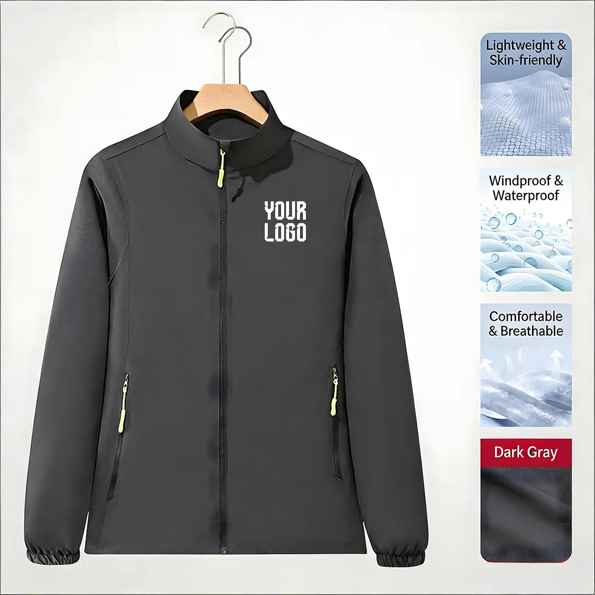 Stand collar zipper outdoor windbreaker, unisex UV-resistant waterproof jacket, customizable LOGO