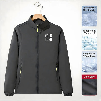 Stand collar zipper outdoor windbreaker, unisex UV-resistant waterproof jacket, customizable LOGO