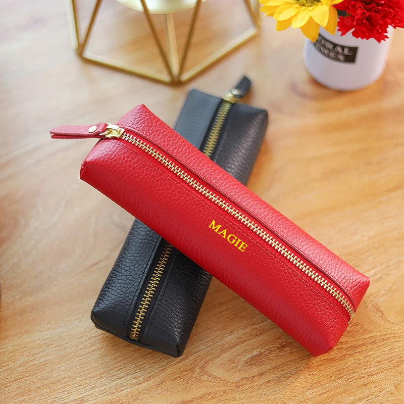 Custom Name Cow Leather Pencil Case Luxury Zipper Business Office Storage Bag Student Pen Bag Personalized Cosmetic Bags Gift