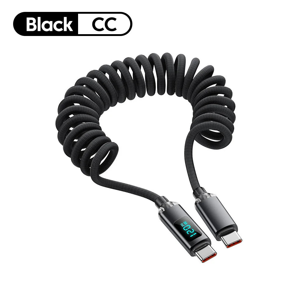 120W Spring Cable USB Type C To Type C Fast Charging LED Digital Display For iPhone 15 16 Samsung Huawei USB C To USB C Cable