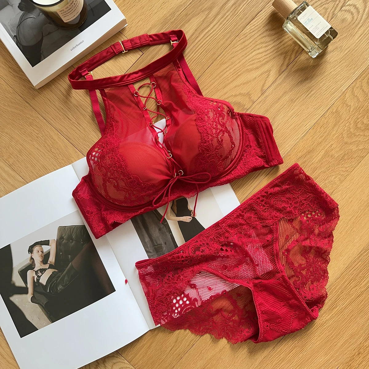 Luxury French Lace Halter Bra Small Chest Push-Up Sheer Bralette Seductive Allure Black Lingerie Set Wire-Free Comfort MOYISU AB