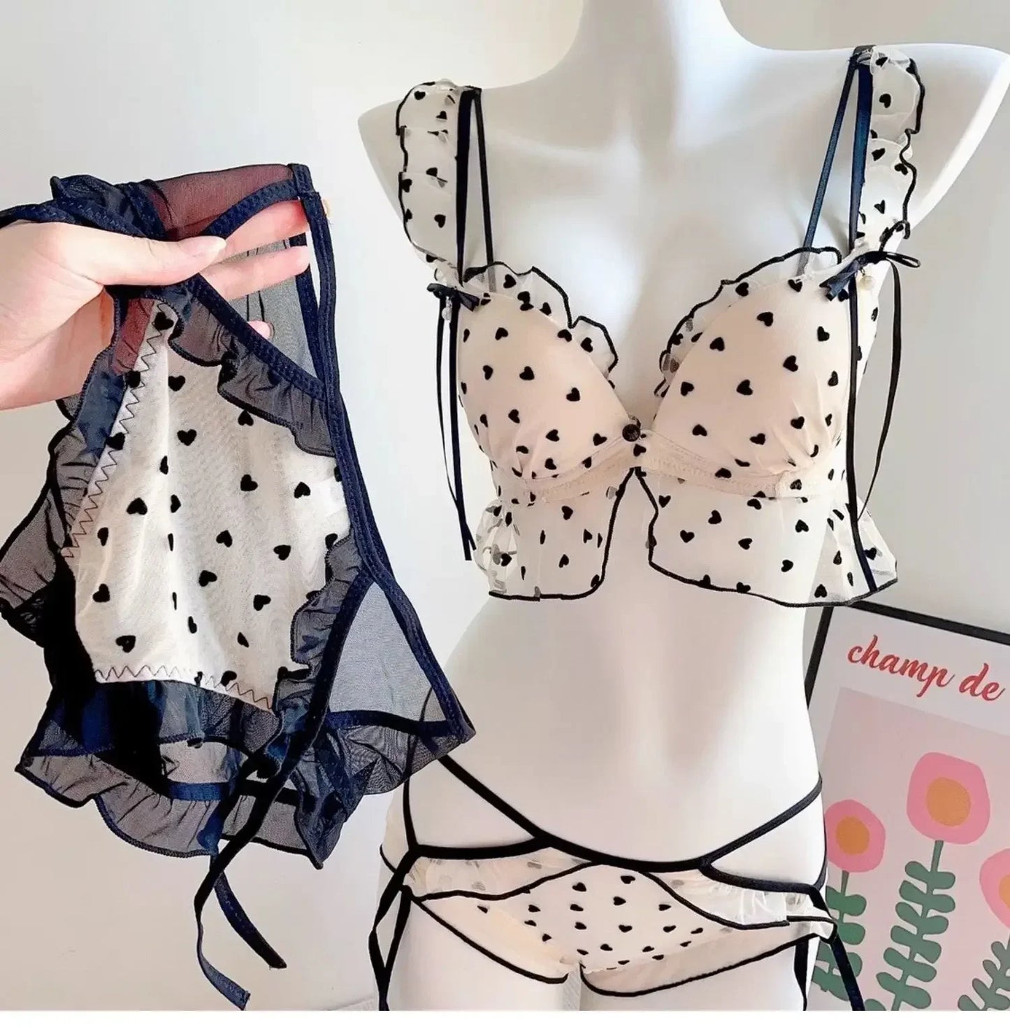 BANERDANNI Simple Light Luxury Love Printed Lace Underwear Set Women's Small Breasts Gather Sexy Pure Desire Sweet Bra Cute Bra