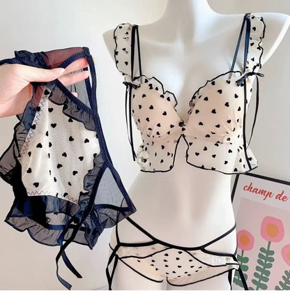 BANERDANNI Simple Light Luxury Love Printed Lace Underwear Set Women's Small Breasts Gather Sexy Pure Desire Sweet Bra Cute Bra