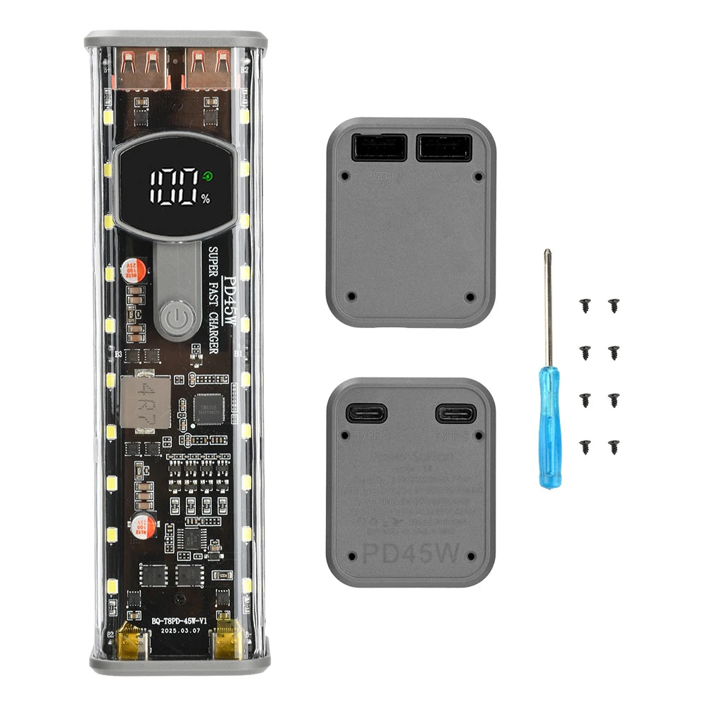 22.5W/45W 18650 Power Bank Case Fast Charging DIY Transparent Battery Storage Box Digital Display USB Type-C Battery Holder