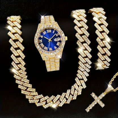 4PCS Luxury Rhinestone Men Quartz Watch Hip-pop Jewelry Set Fashion Roma Dial Calendar Quartz Wristwatch（Without Box）