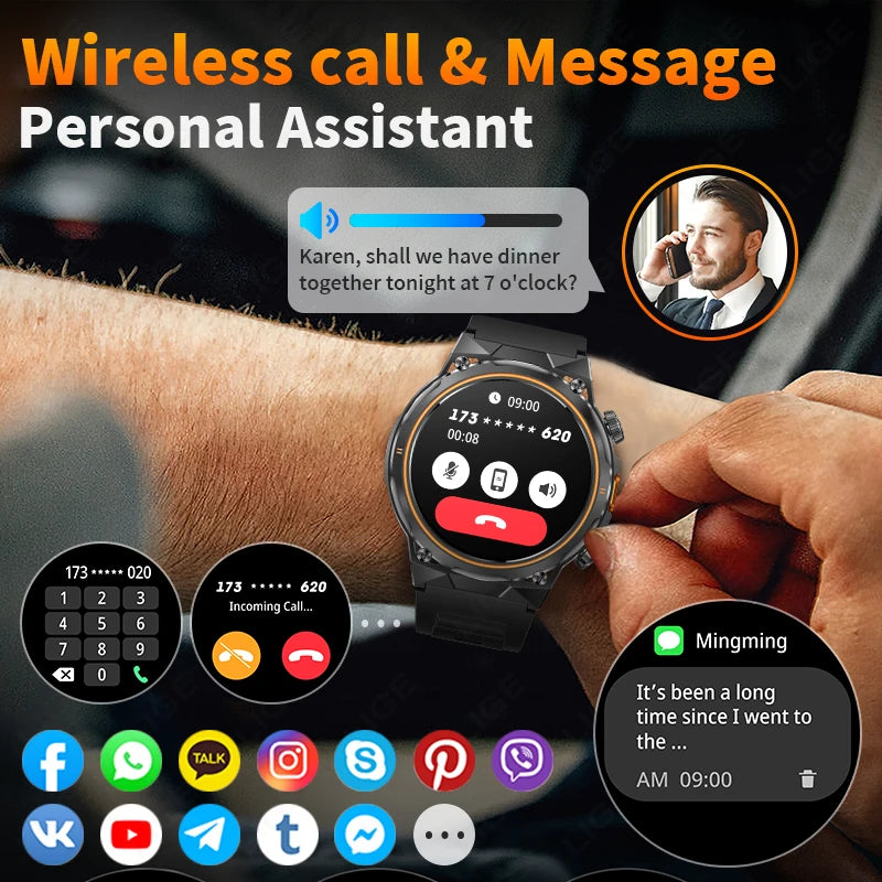 LIGE 2026 Nowy Zewnętrzny Wojskowy Zegarek Smartwatch z Baterią 400 mAh, Wodoodporność 5ATM, Latarka, Monitor Tętna, Tracker Sportowy dla Mężczyzn