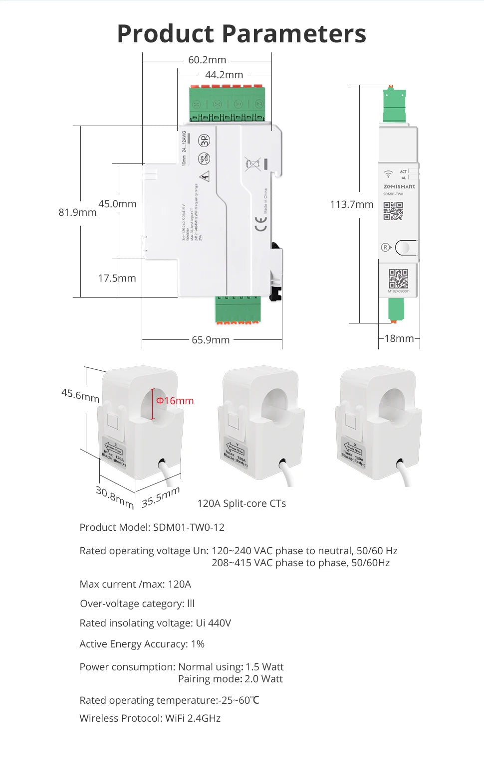 Zemismart 120A Zigbee WiFi 3 Phase Energy Meter Smart Din-rail Power Monitor Withdrawable Split-core CTs Works with Tuya App