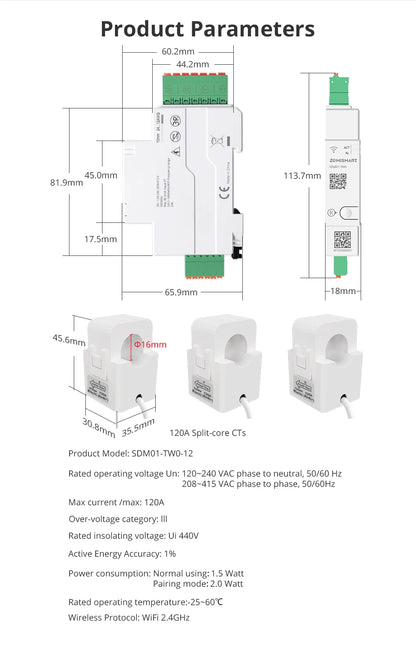 Zemismart 120A Zigbee WiFi 3 Phase Energy Meter Smart Din-rail Power Monitor Withdrawable Split-core CTs Works with Tuya App