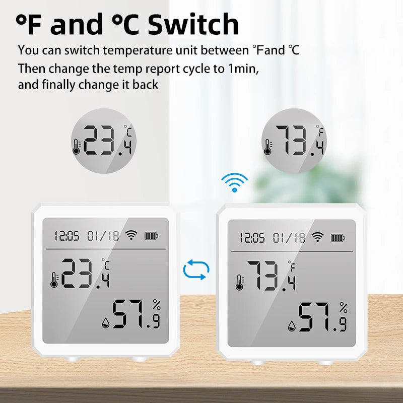ONENUO Tuya Zigbee Temperature and Humidity Sensor with LCD Screen Digital Display Wireless Thermometer Work with Alexa Google