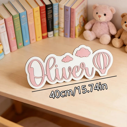 Custom Name Hot Air Balloon Cloud 3D Wooden Name Sign, Personalized Girl Nursery Wall Plaque, Kids Bedroom Table Decor