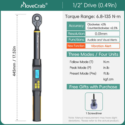 MOVECRAB Series Digital Torque Wrench 1.5-340N.m 2% Accuracy Preset Values with Buzzer, LED Flash & HandleVibration Notification