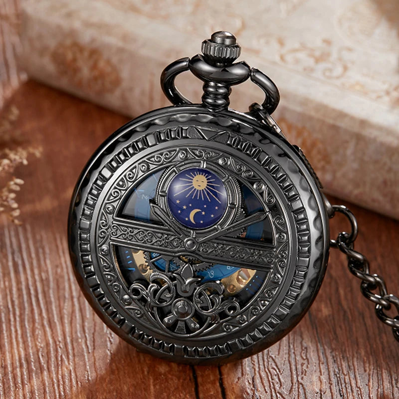 Zhaiyue semi-automatic mechanical pocket watch with carved stars and moon phases, hollowed out dial for male and female students