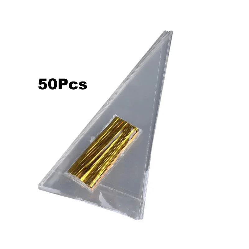 50pcs Candy Bags Cellophane Popcorn Bags Cone Cookies Storage Bags with Gold Twist Ties Wedding Birthday Party Favors