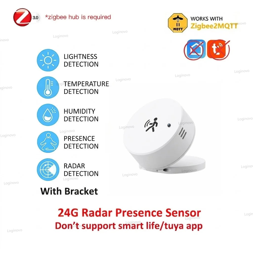 Zigbee 24G Mmwave Radar Presence Sensor Optional Temperature Humidity Brightness Motion Detector Work With Zigbee2mqtt TUYA Hub