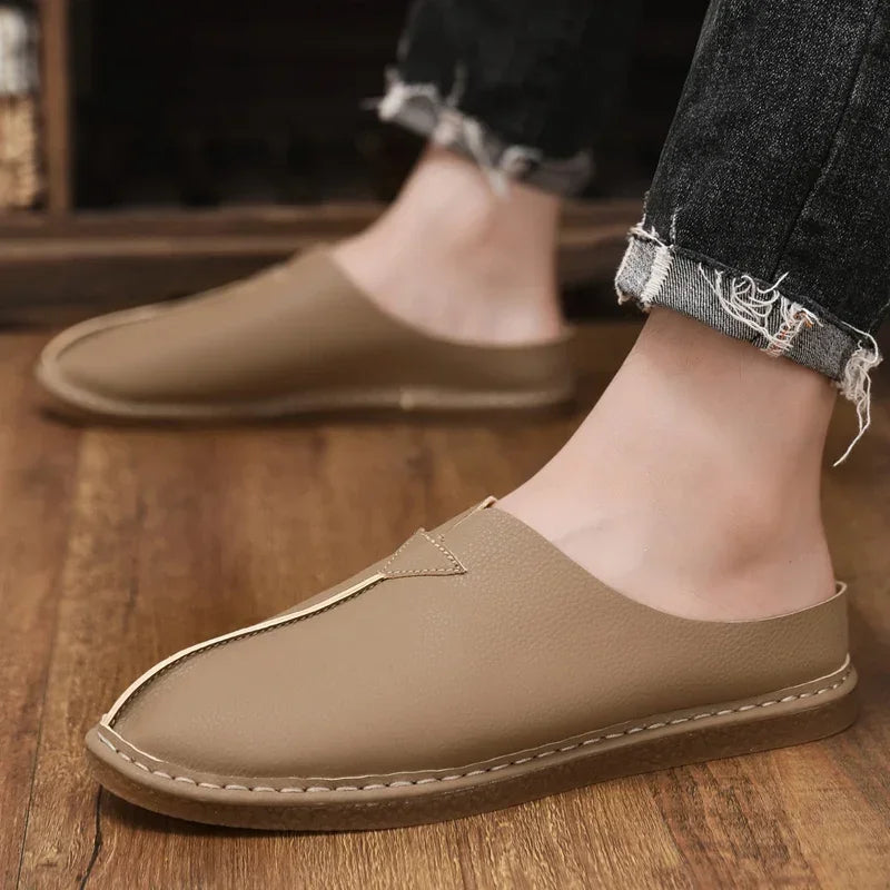 Fashion Leather Men Casual Shoes Slip on Man Loafers Breathable Soft Half Slippers Summer Flats Lightweight Lazy Driving Shoes