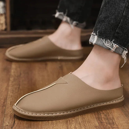 Fashion Leather Men Casual Shoes Slip on Man Loafers Breathable Soft Half Slippers Summer Flats Lightweight Lazy Driving Shoes