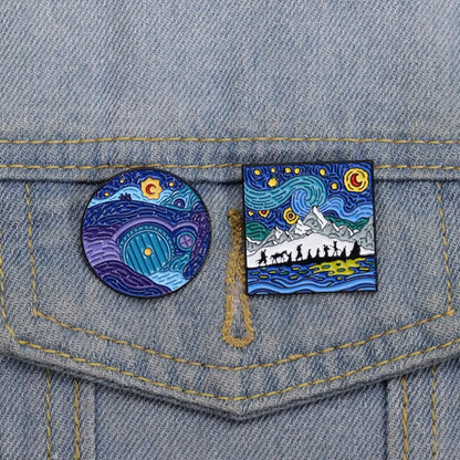 Blue Night Sky Oil Painting Enamel Pins Creative Cartoon Landscape Brooch Lapel Badges Animal Jewelry Gift for Friends