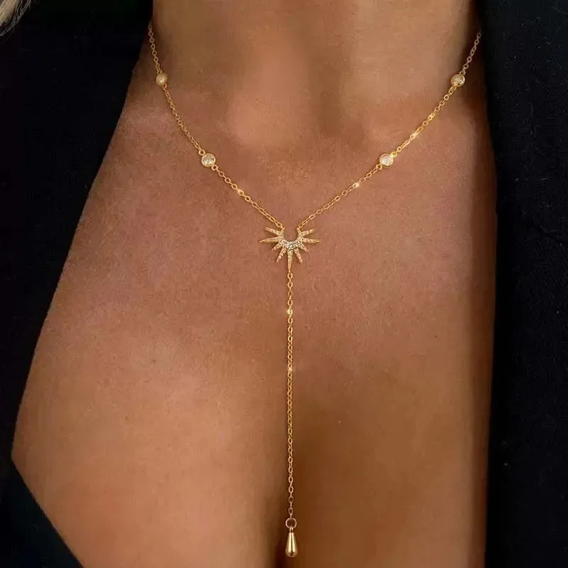 Stainless Steel Y-Shaped Pendant Necklace for Women Girls, Elegant Fashion Simulated Diamond Long Tassel Dangle Jewelry Gifts