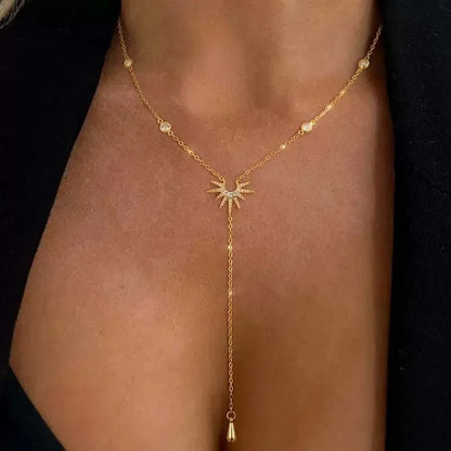Stainless Steel Y-Shaped Pendant Necklace for Women Girls, Elegant Fashion Simulated Diamond Long Tassel Dangle Jewelry Gifts