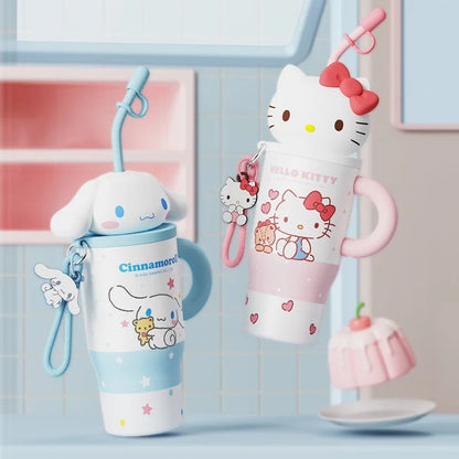 X&W 580ML Sanrio Series Thermos 316 Stainless Steel Doll Head Design Straw Insulated Cup Hello Kitty Kuromi Water Bottle Cutecup