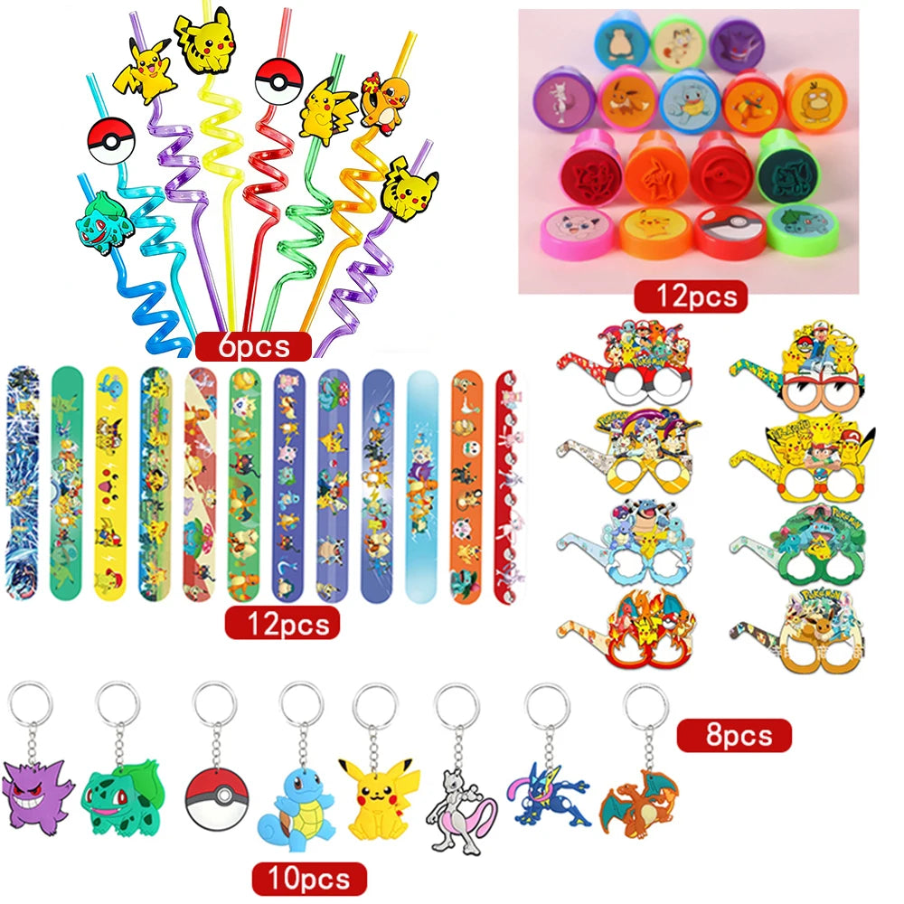 Birthday Party Favor Supplies Pik chu Braclet Keychain Stamp Mask Set for Birthday Party Bag Classroom School Reward Prize Gift