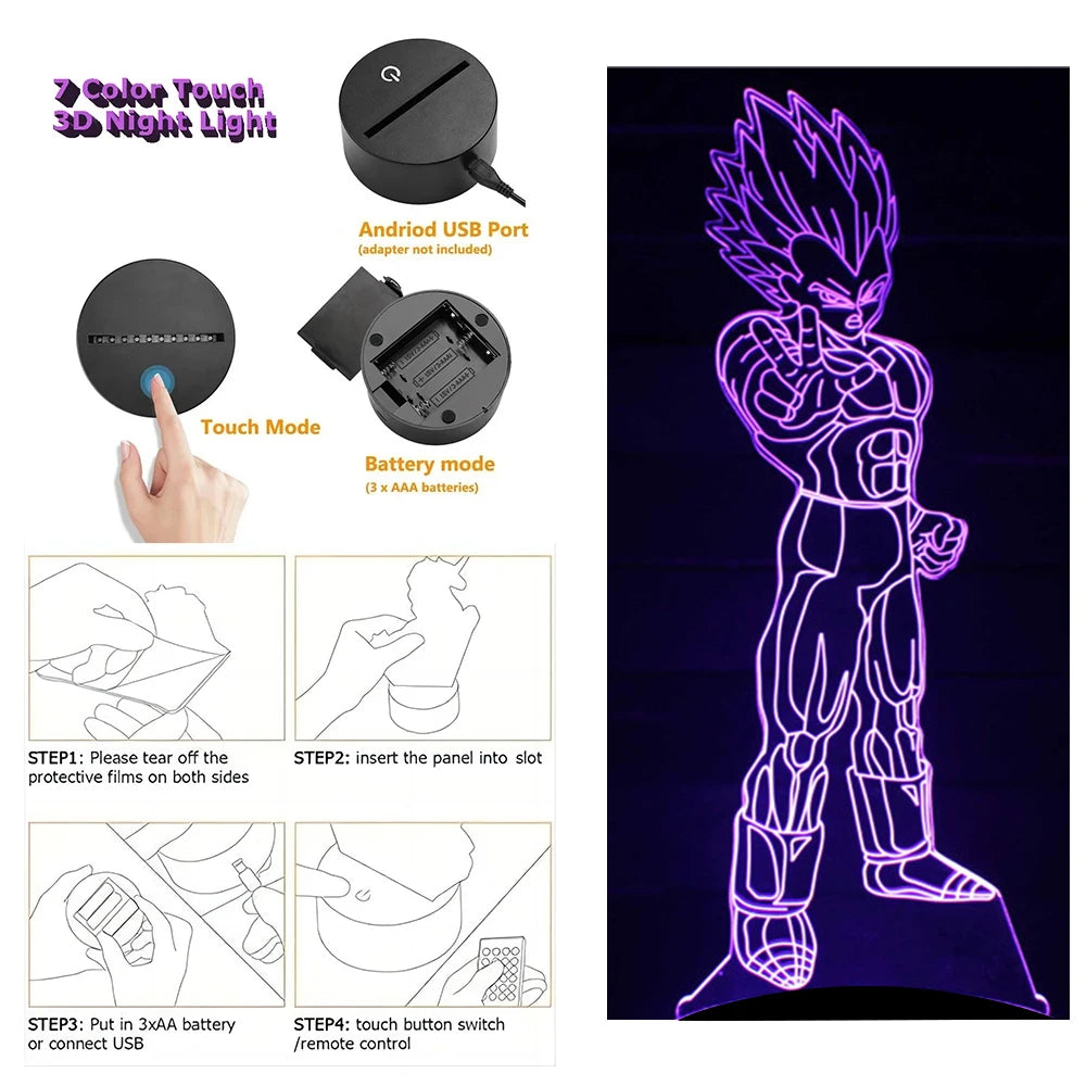 Dragon Ball Z Anime Figures Goku Vegeta Gohan Broly 3D Lamp PVC Action Figures Toys for Children Trunks Buu Super Saiyan Gifts