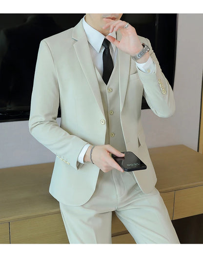 High-End Men's Wedding Suit 3-Piece Set Handsome Banquet Smart Casual Fashionable Three-Quarter Length Vest Trousers Four Season