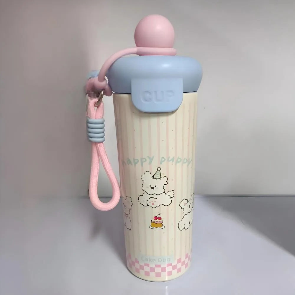 Cute Cat Thermal Water Bottle With Straw Bow Sticker Stainless Steel Thermos For Hot Cold Water Coffee Tea Thermal Cup 600ml