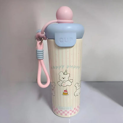 Cute Cat Thermal Water Bottle With Straw Bow Sticker Stainless Steel Thermos For Hot Cold Water Coffee Tea Thermal Cup 600ml