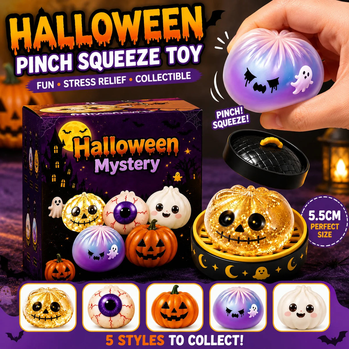 New 1-5pcs Halloween Ghost Dumpling Squishy Toy with Box Squeeze Decompression Fidget Toy for Stress Relief Gift Box Set