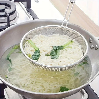 Stainless Steel Colander with Wooden Handle - Fine Mesh Skimmer Spoon for Cooking, Food Prep  Grease Filtering for Pasta Noodles
