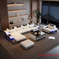 Convertible Genuine Leather Sectional Sofa Bed with Adjustable Headrests, Electric Recliners, Storage, Speakers, USB & LED Light