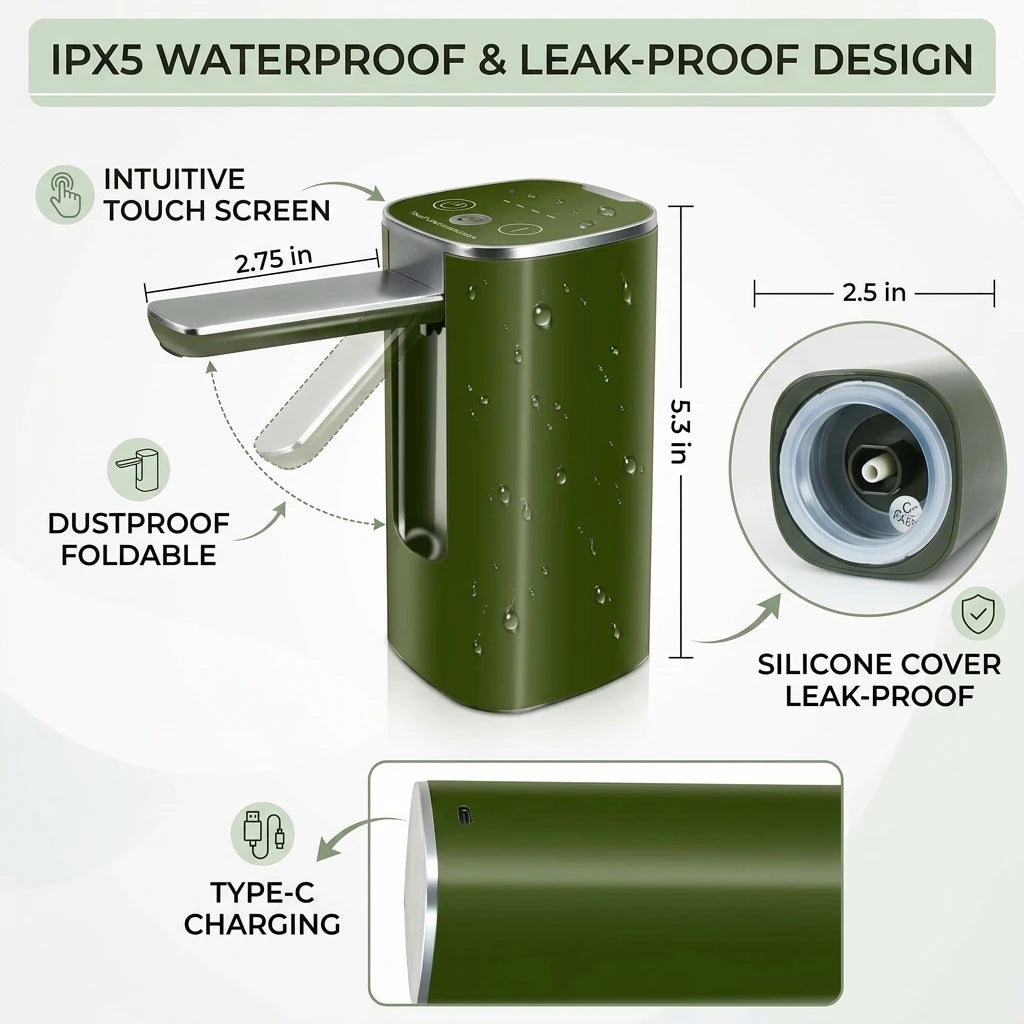 Auto Touch Water Pump for 5/4.8/3.5/3.2Gal, Foldable Faucet, Camping/Hiking/Outdoor, USB-C, Leakproof Lightweight