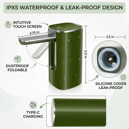 Auto Touch Water Pump for 5/4.8/3.5/3.2Gal, Foldable Faucet, Camping/Hiking/Outdoor, USB-C, Leakproof Lightweight