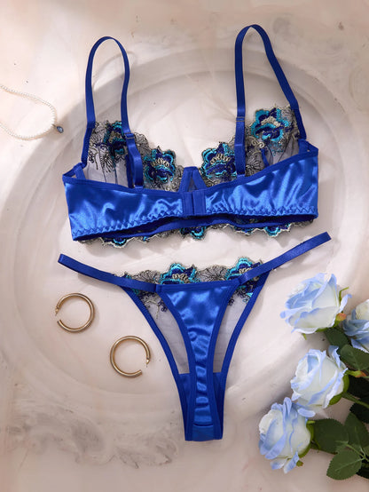 A Set of Sexy Blue Lingerie, Featuring Floral Patterns, Combining Charm and Sexiness ZA825146