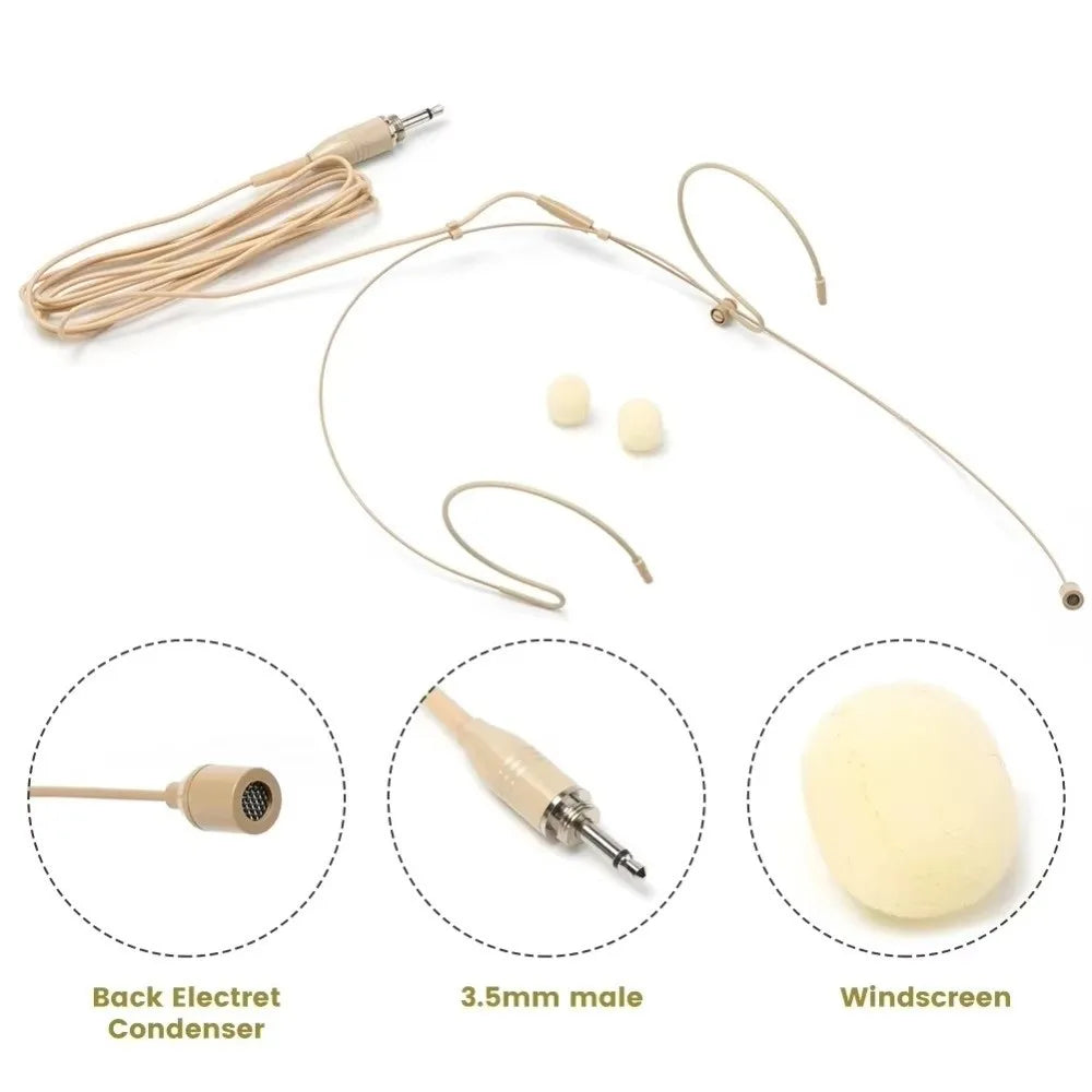 Beige Headset Mic Wireless Double Earhook Headworn Microphone 3.5mm 3 Pin Amplifier Voice Speaker Microphone Accessories