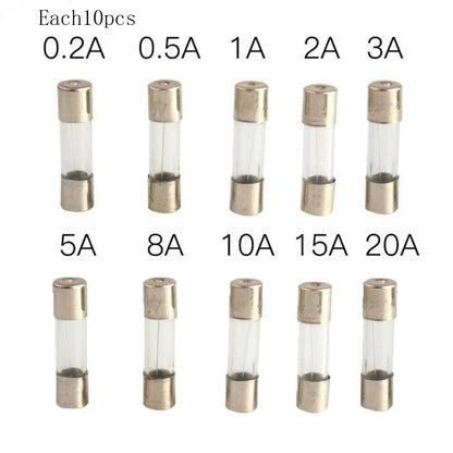 100pcs 5x20mm Quick Blow Glass Tube Fuse Assorted Kit Amp 0.2A 0.5A 1A 2A 3A 5A 8A 10A 15A 20A 250V with Storage Box