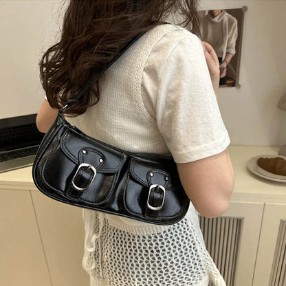 Fashion Pu Leather Women's Shoulder Bag Small Double Pocket Design Ladies Underarm Bags Y2k Vintage Female Handbags Clutch Purse