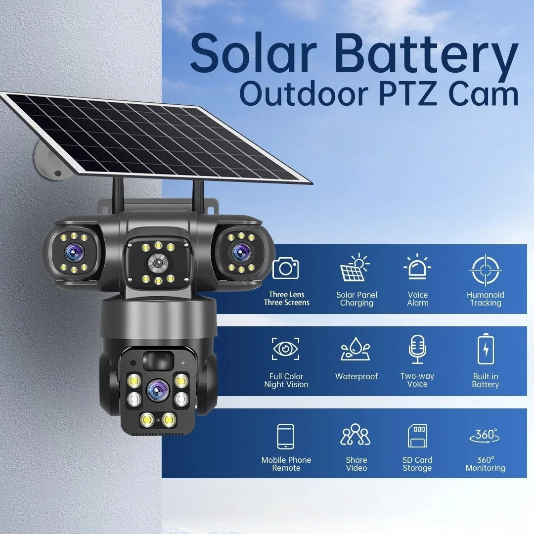 15MP IP Camera WiFi PTZ Three Camera Outdoor Wireless Solar 20000Mah Built-in Battery Video Surveillance Cam Long Time Standby