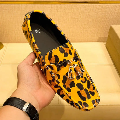 Fashion Red Leopard Leather Casual Shoes Man Designer Tassels Loafers Men Comfortable Slip-on Men's Driving Shoes  Leopard