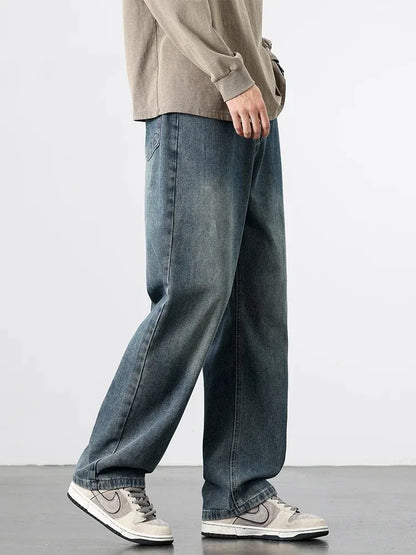 Spring Autumn American Retro Straight Jeans Men Streetwear Korean Fashion Loose Baggy Wide Leg Denim Pants Male Casual Trousers