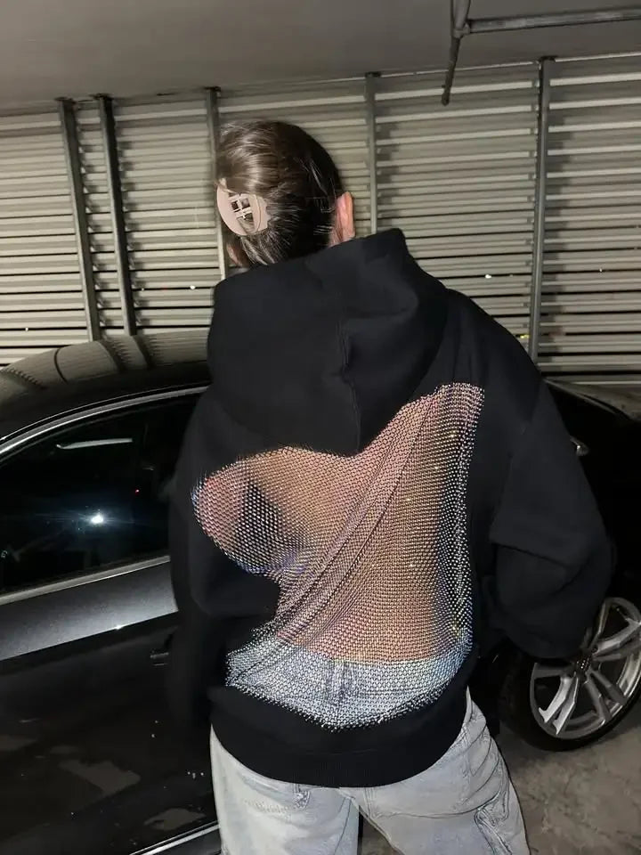 Harajuku Gothic Sexy Backless Hoodie Y2K Clothes Womens Rhinestone Sparkling Mesh Design Oversized Hoodie Pullover Tops