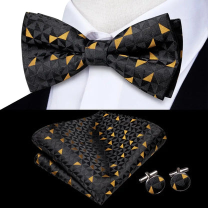 Hi-Tie Mens Bow Tie Hanky Cufflinks Set White Black Gray Silver Pre-tied Butterfly Knot Bowtie for Male Wedding silk Business