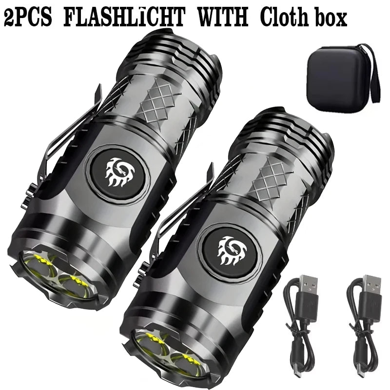 High Strong Power LED Flashlight Built-in Battery Type-C Rechargeable with Pen Clip Torch Outdoor Camping Emergency Lantern