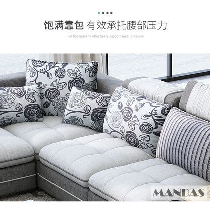 Modern U-Shaped Fabric Couch with Stools, Sectional Sofa Set with Storage Console & Cup Holder, Modular Corner Sofa with Pillows