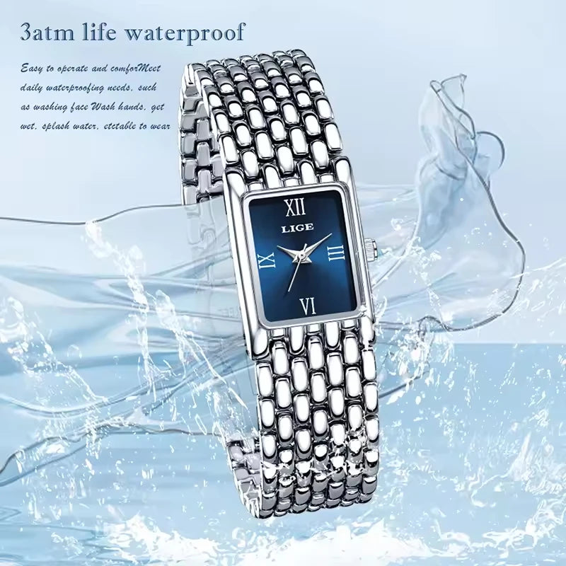 LIGE New Design Ladies Watch Fashion Quartz Wristwatch Silver Simple Square Women Watches Luxury Stainless Steel Folding Clock