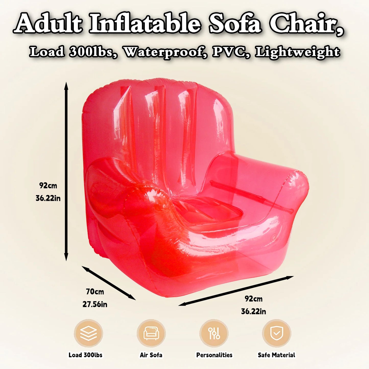 Inflatable Transparent PVC Lounge Chair, Blow Up Sofa for Camping Yard Patio, Air Couch Furniture Outdoor Beach Room