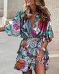 Women's Sport Dress V-Neck Loose Batwing Sleeve Elastic Waist Printed Dress Mini Casual Ruffle Hem Dresses