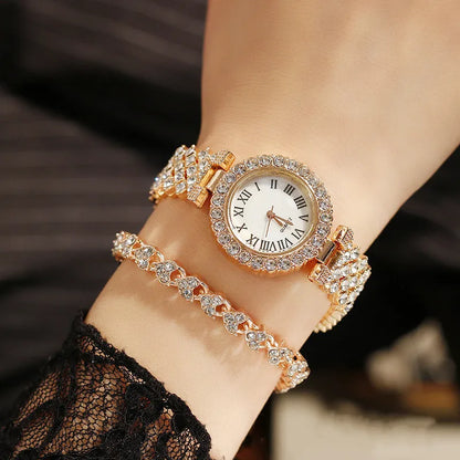 2PCS Women's Watch Fashion Rhinestone Ladies Analog Quartz Watches Bracelet Set Reloj Mujer Girls Clock Gift Relogio Feminino