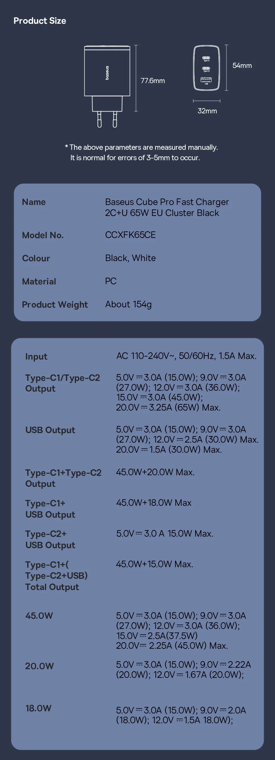 Ładowarka Baseus 65W USB C GaN, wspiera ładowanie QC PD, przenośna szybka ładowarka do iPhone'a 17 16 15, Xiaomi, ładowarka do laptopa